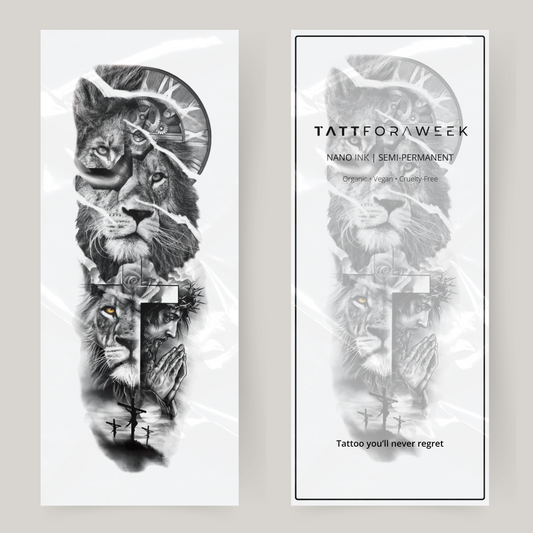 Nep tattoo sleeve leeuw, geloof en klok
