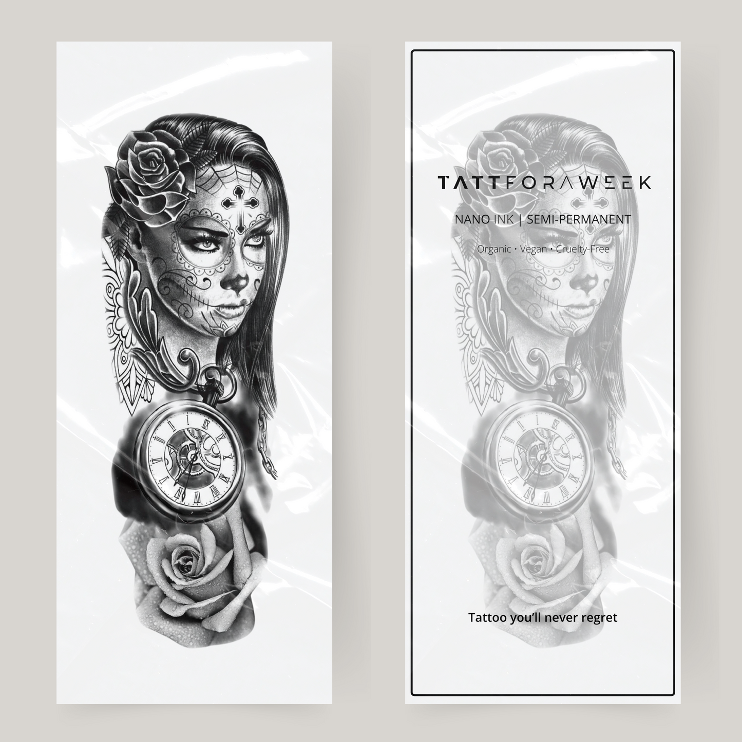 Tatuaje falso en manga mujer y reloj.