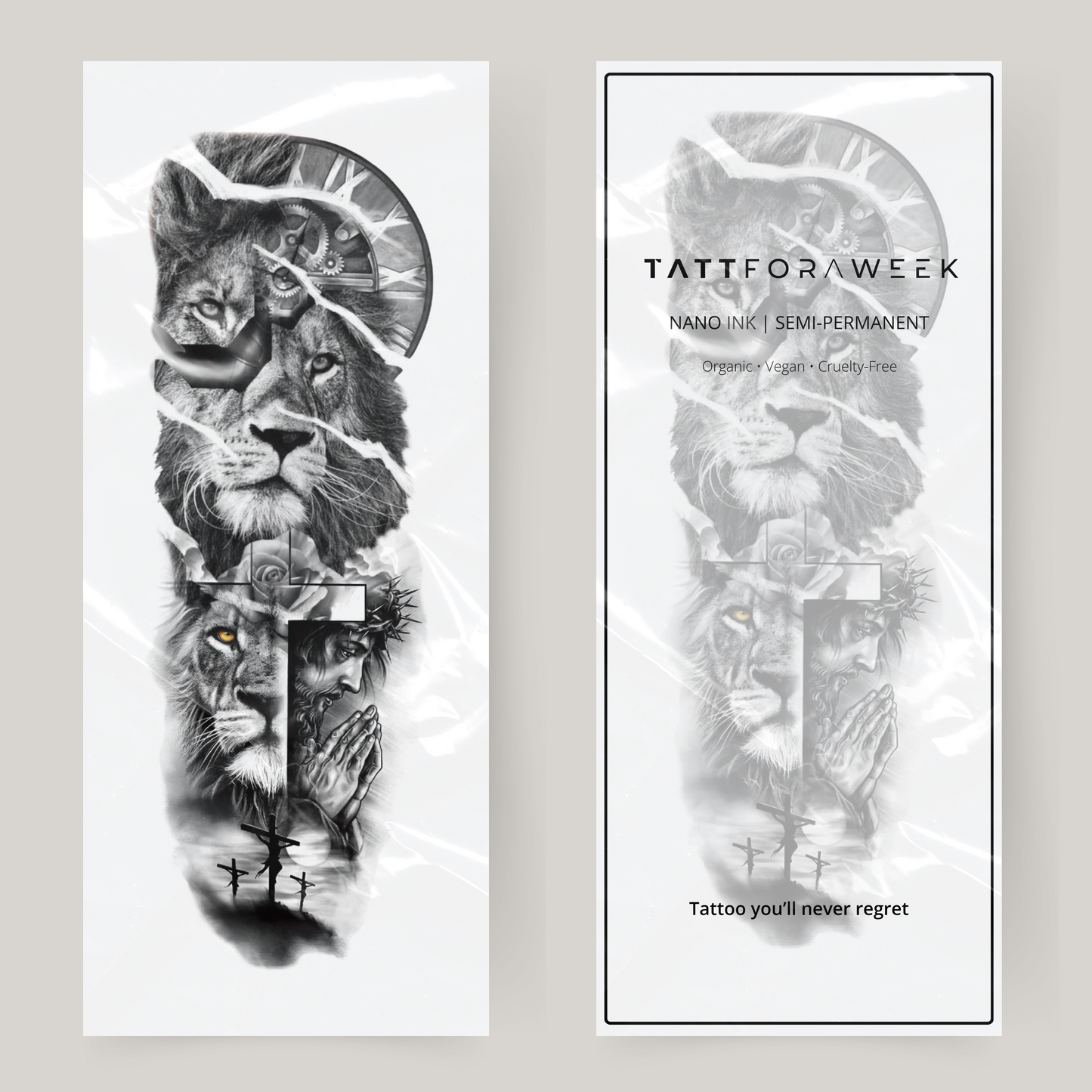 Leone, fede e orologio sulla manica del tatuaggio finto