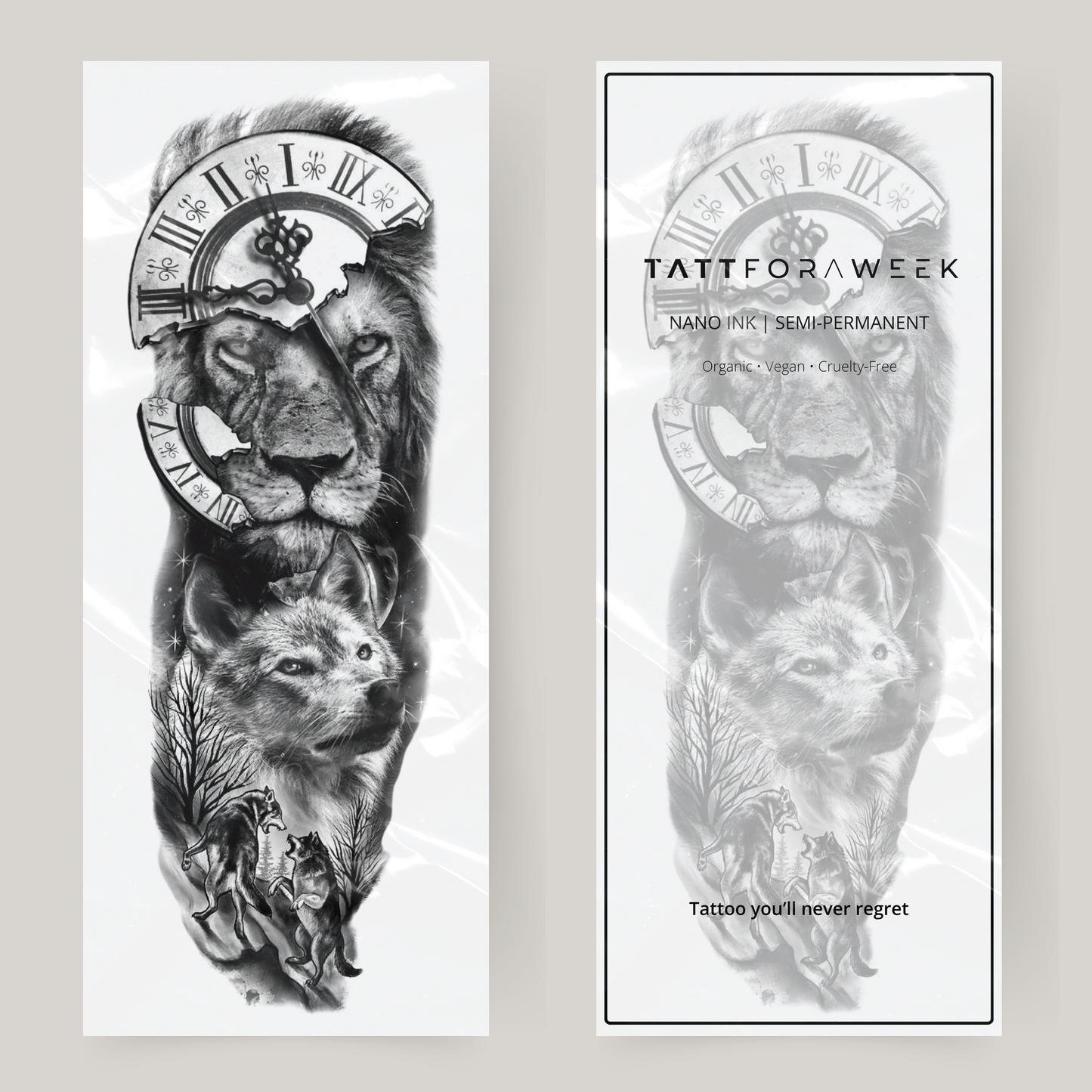 Leone e volpe con manica tatuaggio finto