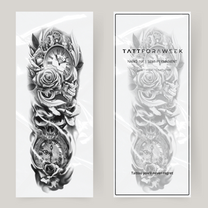 Manga de tatuagem falsa com rosas, caveiras e sinos